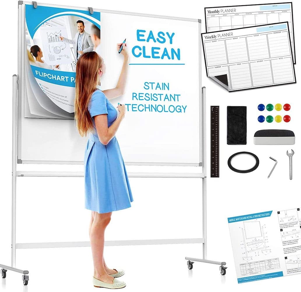 Oline Mobile Whiteboard 48x36 Inch - Large Adjustable Height, 360-Degree Magnetic Rolling Double-Sided Dry Erase Board