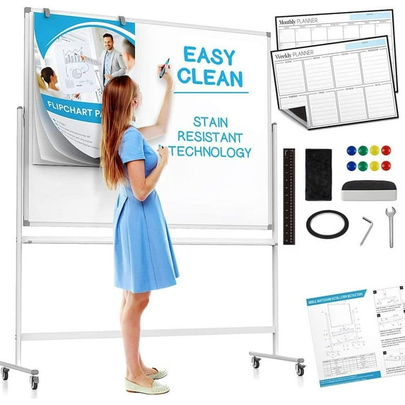 Large Mobile Rolling Whiteboard on Wheels (48x36") Includes Big Flipchart Pad, Magnetic Planners, and More! Portable Double Sided Dry Erase Magnetic White Board with Stand, Stain Resistant Technology