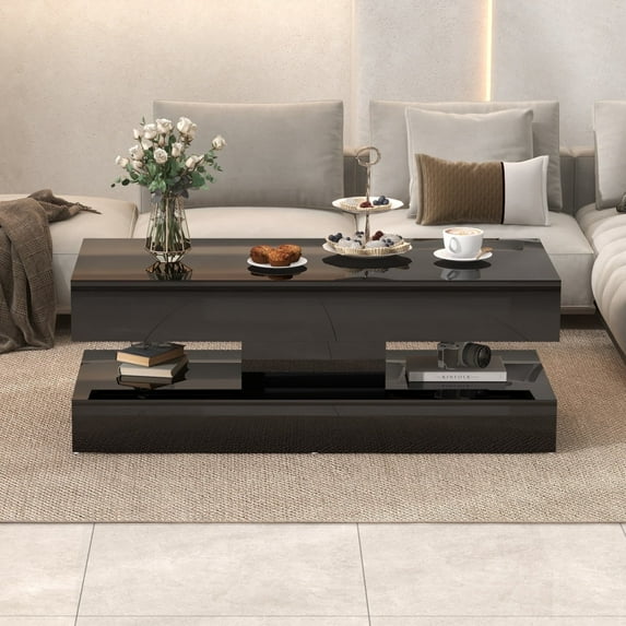 Large Modern 2-Tier High-gloss Surface LED Coffee Table, with 15 Color Options and 4 Lighting Modes, Stylish Glass Top Design, with Anti-Scratch Feet & Silent Slide Storage, Black