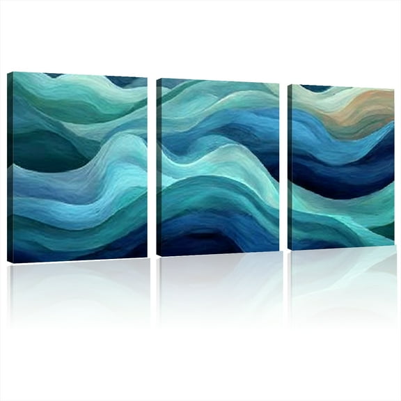 Large Modern Abstract Canvas Wall Art  Framed Decor with Teal and Blue Wave Design for Living Room, Bedroom, or Dining Area 12*16inch*3pcs