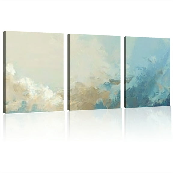 Large Modern Abstract Canvas Wall Art Thick Textured Blue & Golden Minimalist Decor for Living Room, Bedroom, or Dining Area - Geometric Oil Painting on Canvas12x16inchx3pcs