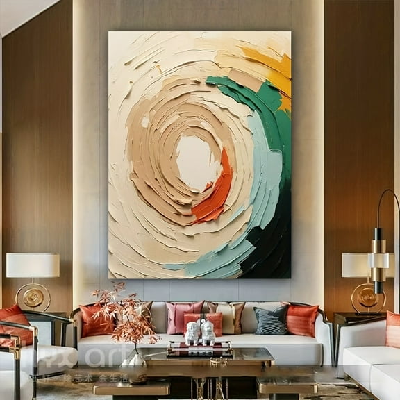 Large Modern Abstract Canvas Wall Art with Wooden Frame - Vibrant Hand-Painted Oil Painting in Shades of Beige, Green, Blue & Orange, Minimalist Design for Living Room or Bedroom Decor