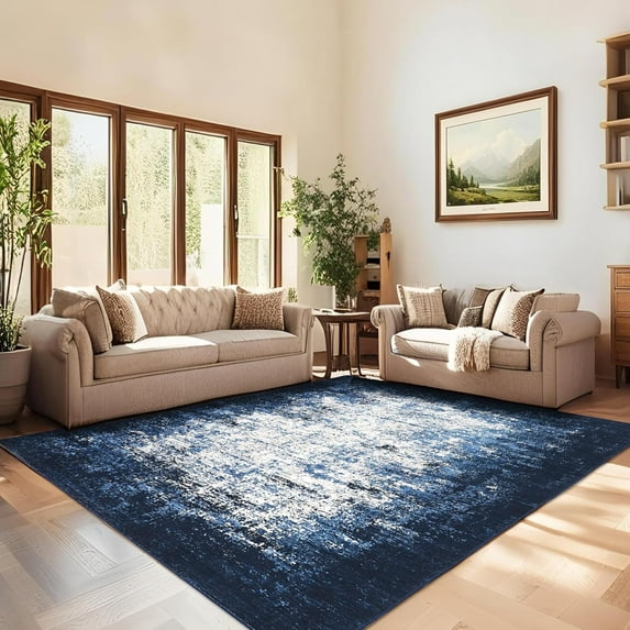 Large Modern Abstract Rug 9x12 Washable Rug with Non Slip TPR Backing, Soft Non Shedding Floor Covering, Low Pile Thin Foldable Mat, Indoor Carpet for Open Spaces Office, Blue