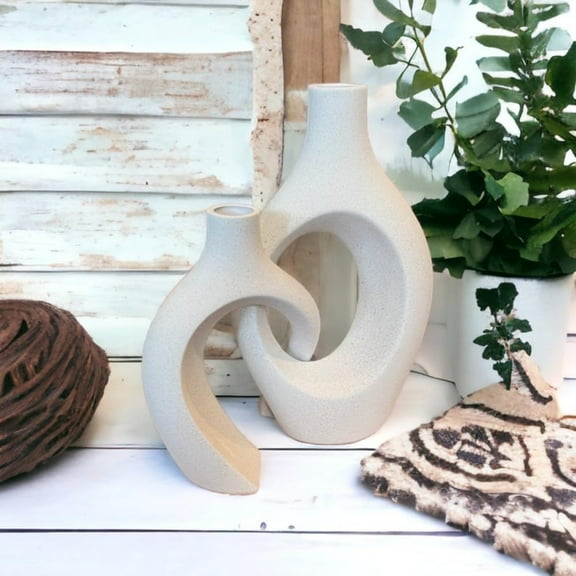 Large Modern Couples Flower Vase, Unglazed Ceramic Plant Holder, Stylish Designe Sculpture, 12 "W x 12 "H x 3 "D, Elegant Flower Vase for Livingroom Bedroom Bathroom Diningroom