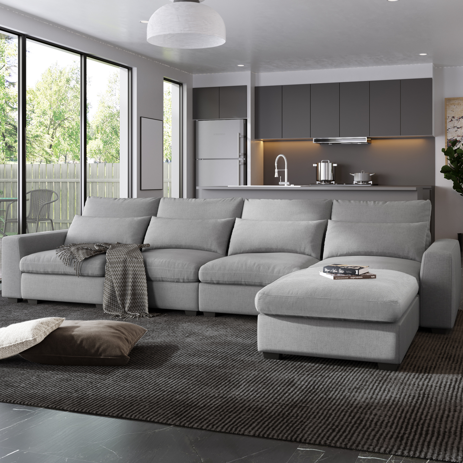 Large Modern LShape Sectional Sofa in Light Gray, Comfortable Feather