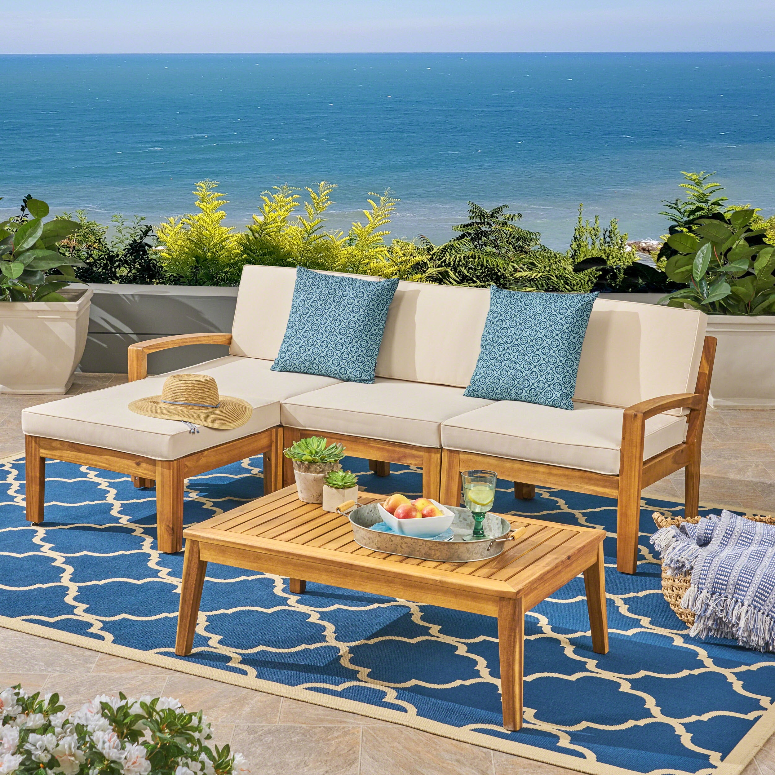 Large Light Brown Acacia Wood Outdoor Sectional Sofa with Beige Cushions