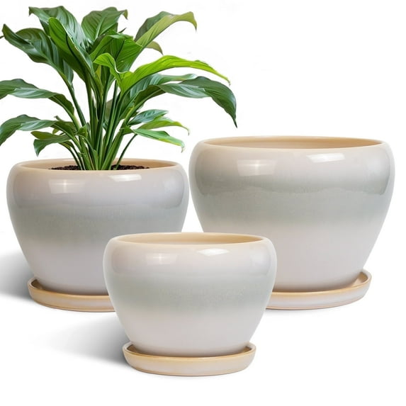 Large Ceramic Planter Pots- Modren Round 10/8/6 inch with Drainage Hole for Indoor Plants Flowers & Succulents Modern Home Decor,Set of 3 White-Grey