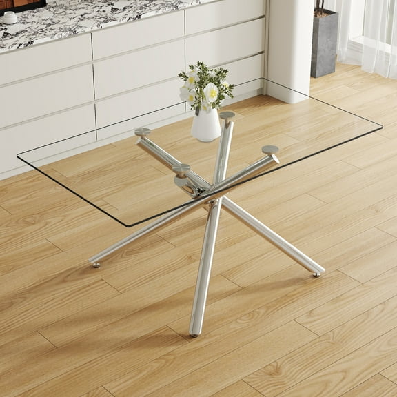 Large Modern Minimalist Rectangular Glass Dining Table with 0.39" Tempered Glass Tabletop and Silver Chrome Metal Legs, for Kitchen Dining Living Meeting Room Banquet hall,63''x35''x 29''W