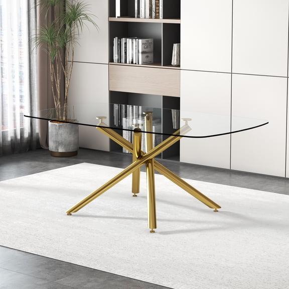Large Modern Minimalist Rectangular Glass Dining Table with 0.39" Tempered Glass Top and Gilded Metal Legs for Kitchen, Dining Room, Living Room, Meeting Room, Ballroom 71" x 35.4" x 30".W1151S00840