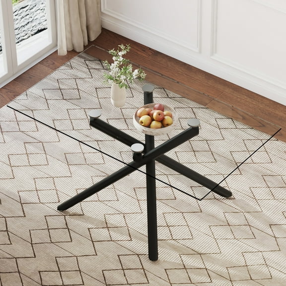 Large Modern Minimalist Rectangular Glass Dining Table for 6-8 with 0.39" Tempered Glass Tabletop and Black color Metal Legs, for Kitchen Dining Living Meeting Room Banquet hall.W1151S01207