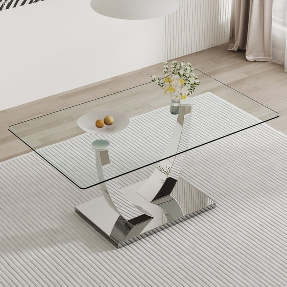 Large Modern Minimalist Rectangular Glass Dining Table for 6-8 People with 0.4 "tempered Glass Table Top and Silver Metal Stand for Kitchen, Dining Room, Living Room, Meeting Room, Banquet Hall