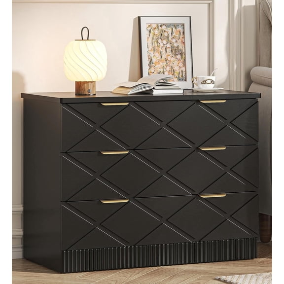 Large Modern Nightstand, 32" Wide Side Table with 3 Storage Drawers, Walnut Night Stand with Carved Diamond Design, Bedside End Table for Bedroom,Closet