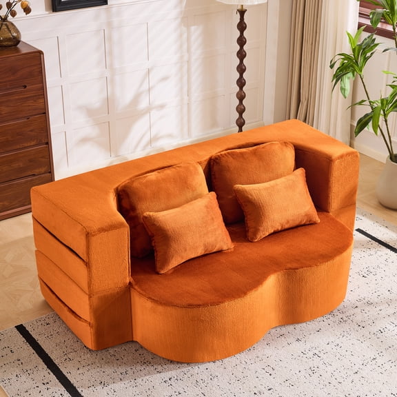 Large Modern Orange Floor Sofa with 4 Pillows, Plush Fabric Sofa, High Density Foam Folding Mattress for Living Room, Guest, Bedroom, No Assembly Required