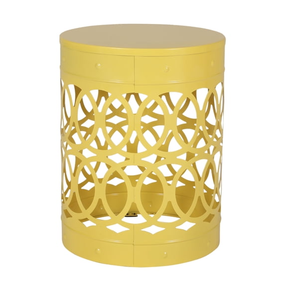 Large Modern Outdoor Metal End Side Table, Yellow Powder Coated Iron Round Cylinder Accent Table, Overlapping Circle Cutout Pattern, No Assembly Required, 13.7513.7518 Inches