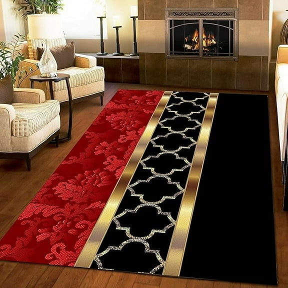 Large Modern Red Gold And Black Area Rugs, Abstract Black Gold Print Geometric Pattern Indoor Rug, With Anti-Slip Backing Washable Carpet For Living Room Bedroom Study Dining Room 5 x 8ft