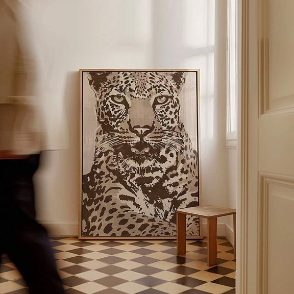 Large Modern Sepia Leopard Portrait Canvas Wall Art, Earth Tone Textured Wild Cat Face Painting, Neutral Minimalist Wildlife Statement Art for Living Room Entryway Decor