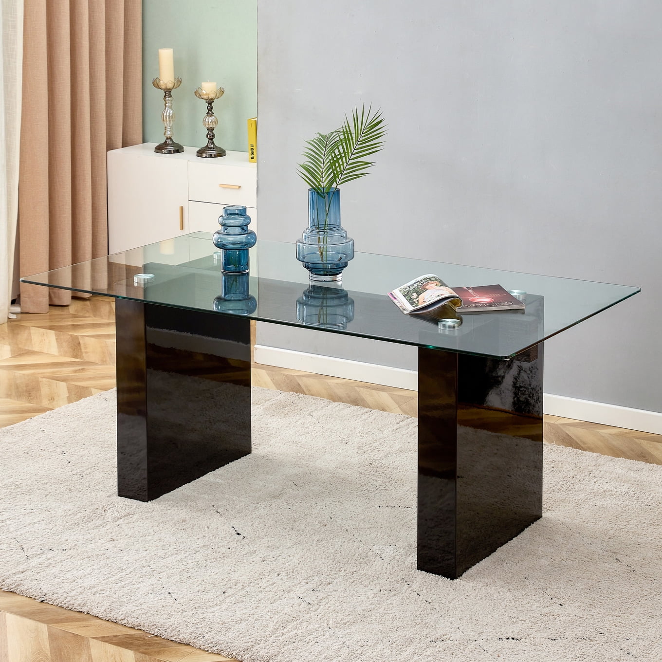 71'' Glass Coffee Table with MDF Table Legs, Dining Table with