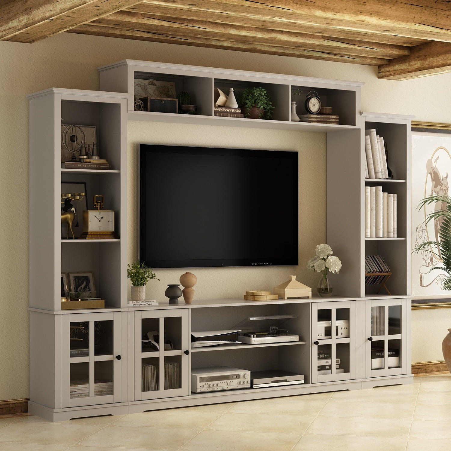 Timechee Large Modern Wood Entrainment Centers in White TV Stand Wall Cabinet 102 With Side Cabinet Grey