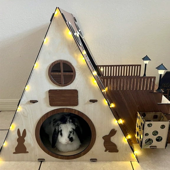 Large Modern Wooden Rabbit Castle House Hutch - Bunny Hideout Indoor Habitats - Pet 2-Story Home Furniture(Excluding Street Lights)