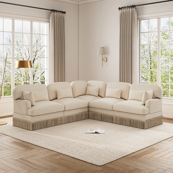 Large Modular Sectional Corner Couches with Tassel, 5 Seater Sofa Big Comfy Leopard Chenille L Shaped Couches with 2 Throw Pillows and 5 Lumbar Pillows, Beige Coffee