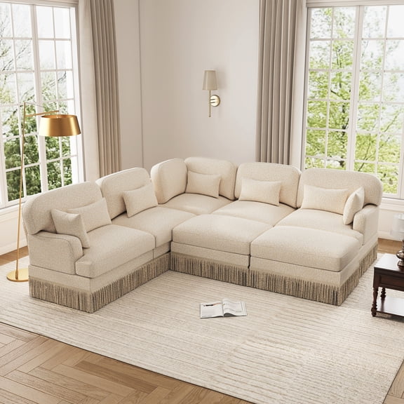 Large Modular Sectional Corner Couches with Tassel, 7 Seater Sofa Big Comfy Leopard Chenille L Shaped Couches with 2 Throw Pillows and 5 Lumbar Pillows, Movable Ottomans,Beige Coffee