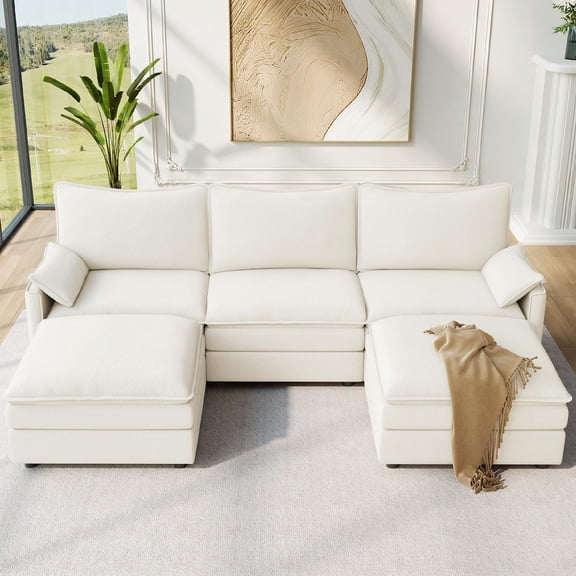 Large Modular Sectional Sofa, Big Comfy Cloud Couch with Ottoman Deep Seat Chenille Cloud Sofa, 5 Seater Large Sectional Couches for Living Room, Bedroom and Apartment, White
