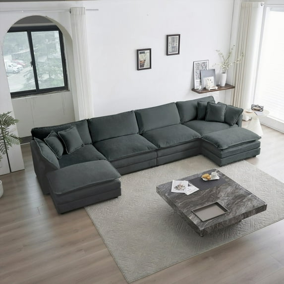 Modern Gray U-Shape Couch with Reversible Chaise and Extra Ottomans for Living Room