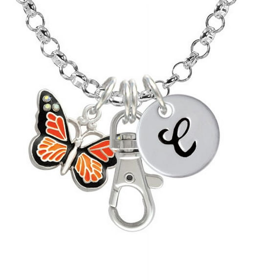 Large Monarch Butterfly with 6 AB Crystals - C - Initial Badge Clip Necklace