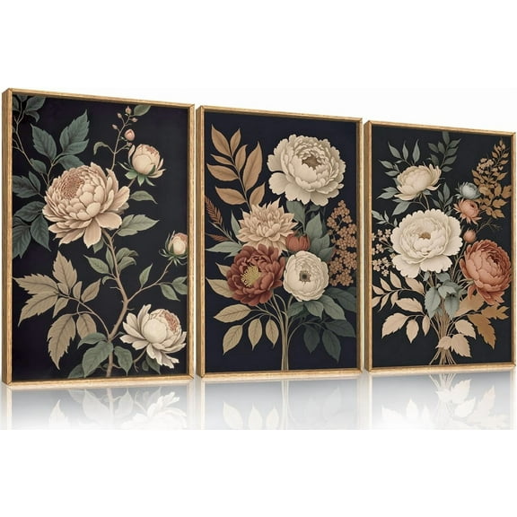 Large Moody Dark Flower Framed Canvas Wall Art,Retro Beige Red Peony Wall Decor,Vintage Textured Blossom Botanical Artwork,Natural Wildflower Art Print for Living Room,Bedroom,Office-16 x24 x3