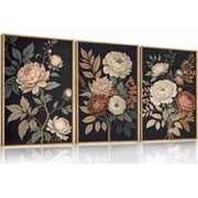 Large Moody Dark Flower Framed Canvas Wall Art,Retro Beige Red Peony Wall Decor,Vintage Textured Blossom Botanical Artwork,Natural Wildflower Art Print for Livi