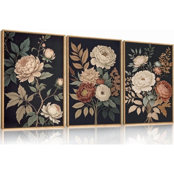 Large Moody Dark Flower Framed Canvas Wall Art,Retro Beige Red Peony Wall Decor,Vintage Textured Blossom Botanical Artwork,Natural Wildflower Art Print for Living Room,Bedroom,Office-16 x24 x3