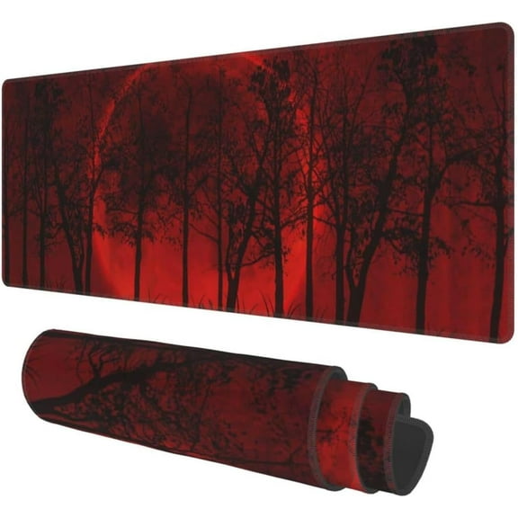 Large Moon and Trees Gaming Mouse Pad XXL Extended Red Non-Slip Rubber Desk Pads Black Stitched Edges Long Mousepad Desktop Office Keyboard Mouse Mat(Size:35.4x15.7in)