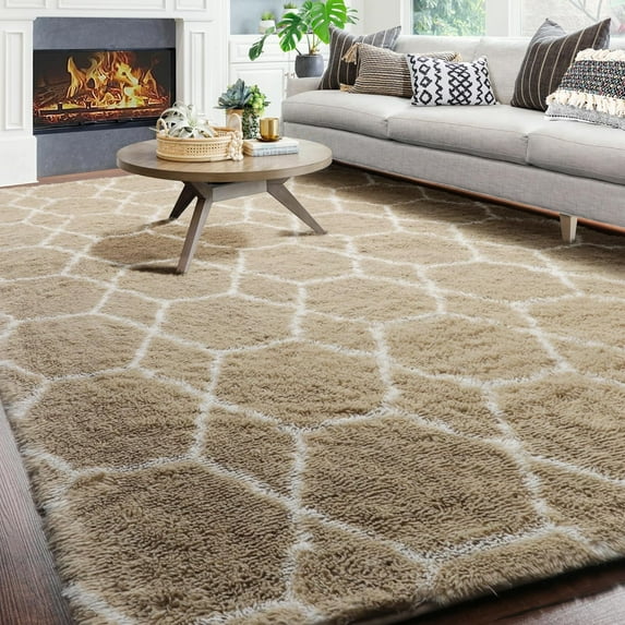 Large Moroccan Area Rug for Living Room, 7x10 Beige Thick Floor Rugs Mat for Bedroom Home Decor Aesthetic, Soft Fuzzy Shaggy Plush Fluffy Geometric Carpet for Teen Dorm Classroom Office
