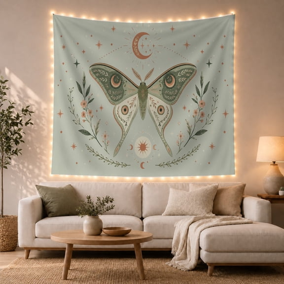 Large Moth with Crescent Moon and Stars on Mint Green, Mystical Folk Art for Nature Lovers, Celestial Wall Art Decor, Birthday Gift, Tapestry Wall Hanging for Bedroom and Living Room