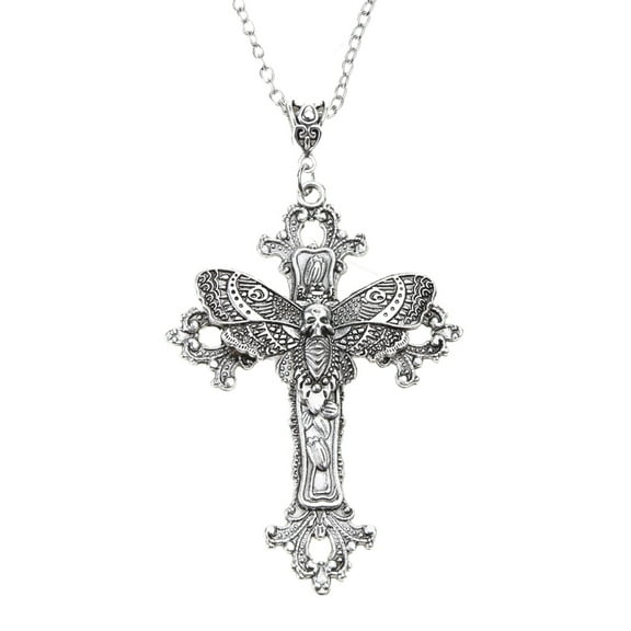 Large Moth Cross Necklace Pendant Floral Filigree Clavicle Chain Victorian Gothic Style Jewelry Protection Amulet Choker