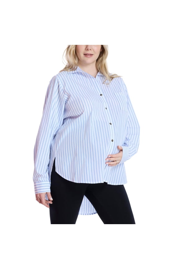 Large Motherhood Maternity Women's Button Down Poplin Long Sleeve Pregnancy Shirt, White Blue Stripe