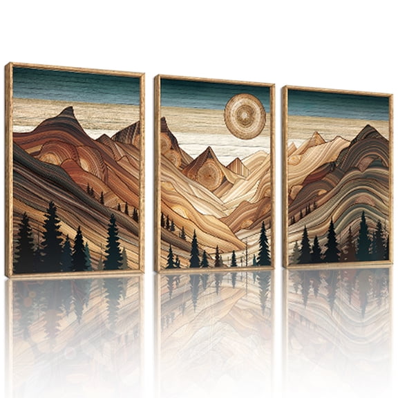 Large Mountain Canvas Wall Art Tree Ring Wood Nature Framed Wall Decor Rustic Desert Canvas Painting Brown Abstract Landscape Art Print Set of 3for Living Room Bedroom Office 24"x36"