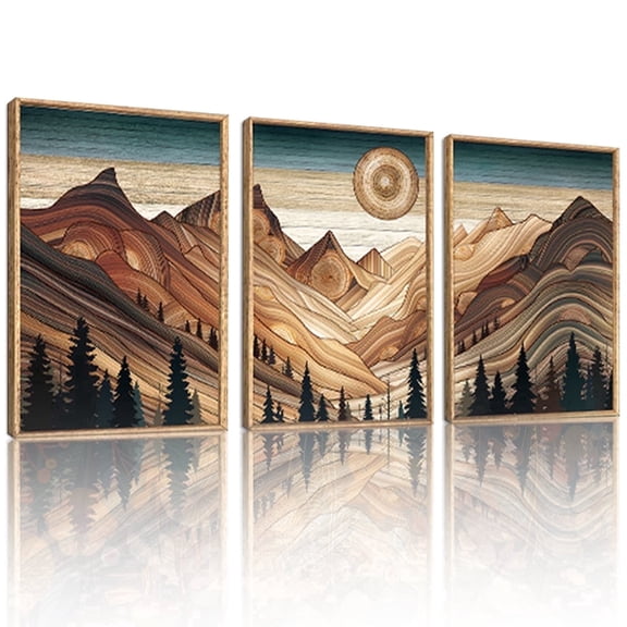 HPNIUB Large Mountain Framed Canvas Wall Art Tree Ring Rustic Desert Painting Brown Abstract Landscape Decor Set of 3 for Living Room Bedroom Office 24x36 Inch