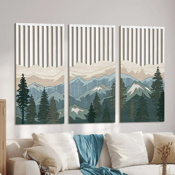 Large Mountain Wood Wall Art Abstract Mountain Landscape Wall Decor for Living Room Decoration Nature Forest Scenery Artwork for Bedroom Office 16x32 Inch Set of 3