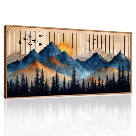 TOARTi Large Mountain Wood Wall Art Framed Pine Tree Forest Sunset Nature Landscape Cut Out For Living Room Bedroom Office 16x32 Inch