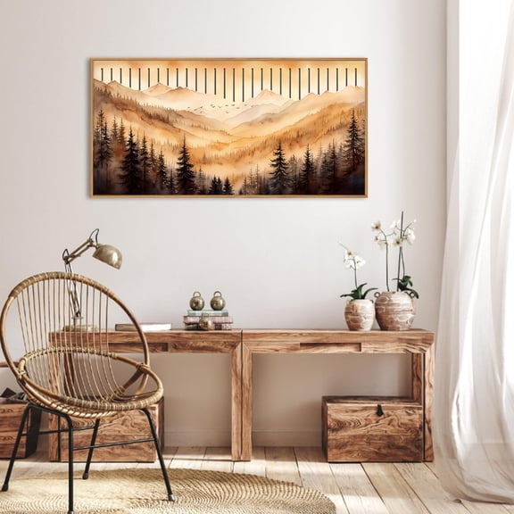 Large Mountain Wood Wall Art Framed Pine Tree Wall Decor Nature Forest Wall Painting Vintage Landscape Hollow-out Artwork for Living Room Bedroom Office 16X32 In