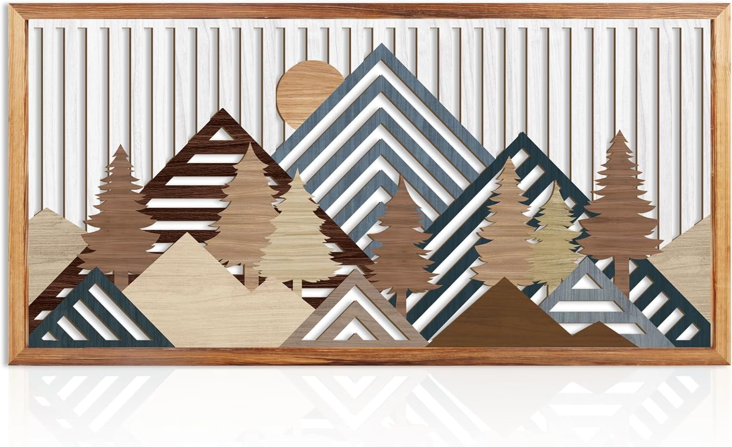 Large Mountain Wood Wall Art for Living Room 16x32 Inch Framed Abstract Mountain Landscape Wall Decor Boho Woodcut Nature Scenery Artwork Bedroom Office