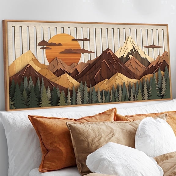 TOARTi Landscape Wooden Wall Art Mountain Forest Framed Tree Nature Scenery Cut Out For Living Room Farmhouse Bedroom 16x32 Inch