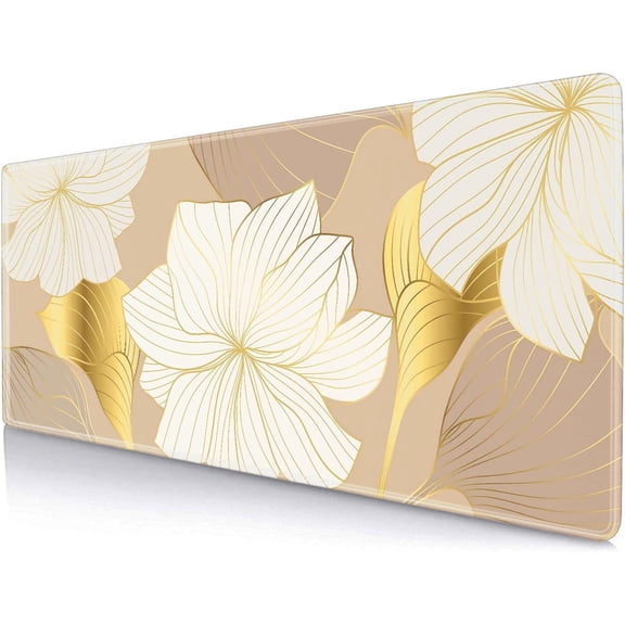 Large Mouse Desk Pad, Gold Flower Line Arts Mouse Pad Mat, Luxury Lotus Mousepad with Designs, Keyboard Mouse Mat Gold Flower Line Art