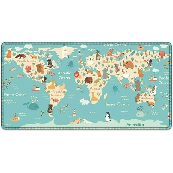 Large Mouse Pad 31.4 x 15.7inches 3mm XXL Extended Gaming Mouse Pad Mat with Non-Slip Base Stitched Mousepad for Computer,Office,Keyboard and Laptop-Cartoon World map，Waterproof Desk Mat