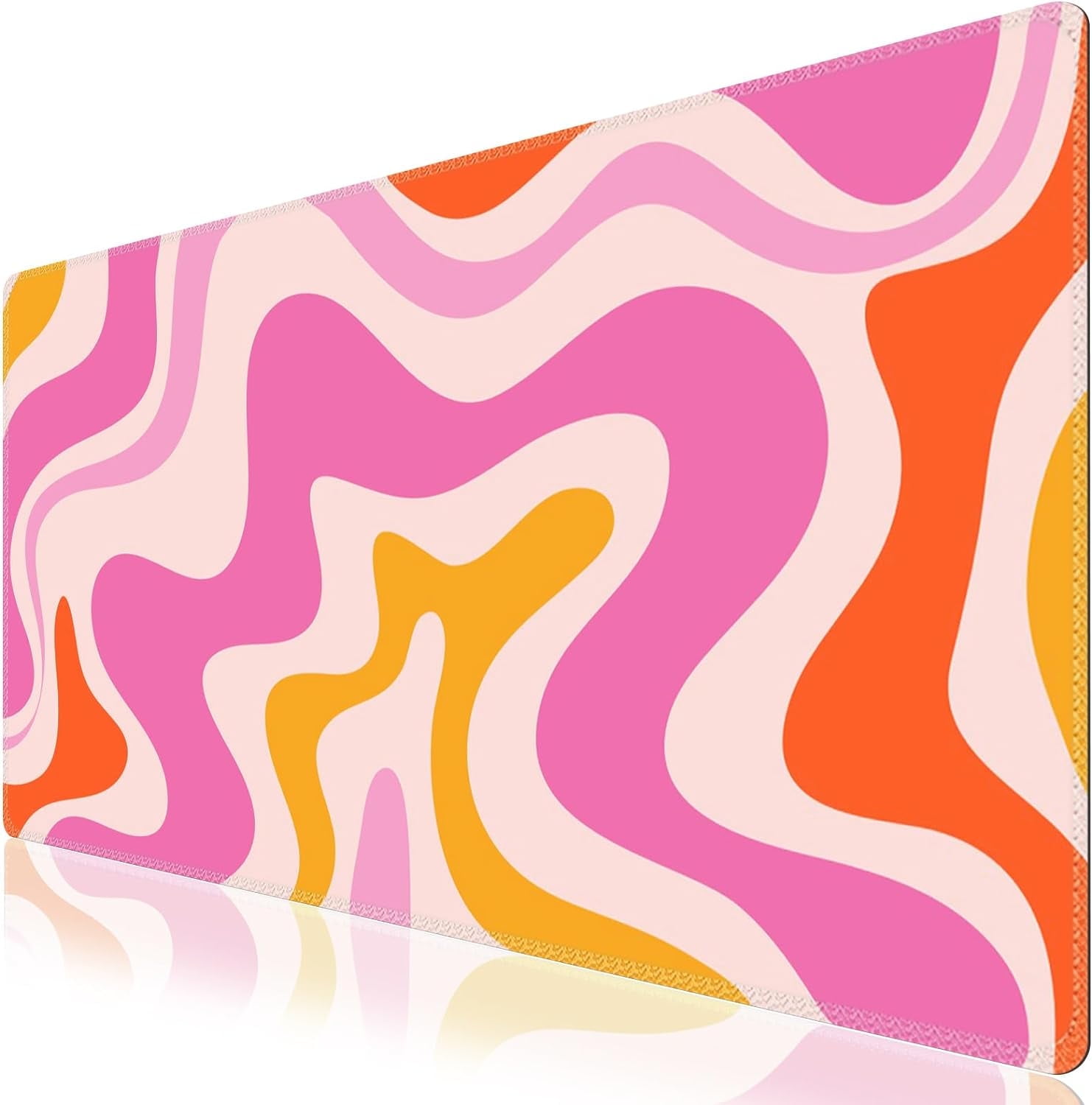 Large Mouse Pad (35.4x15.7 in), Desk Mat Gaming Mousepad with Stitched Edges, Keyboard Mouse Mat Desk Pad for Work, Game, Office, Home-Pink Topographic