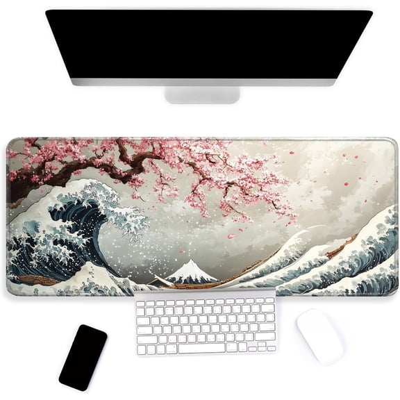 Large Mouse Pad, Big Gaming Mousepad, Desk Mat for Desktop, Thick Non-Slip Waterproof Rubber Base, Mouse Pads for Office, Computer, Keyboard, Laptop 31.5x11.8 in, Japanese Wave Cherry Blossoms