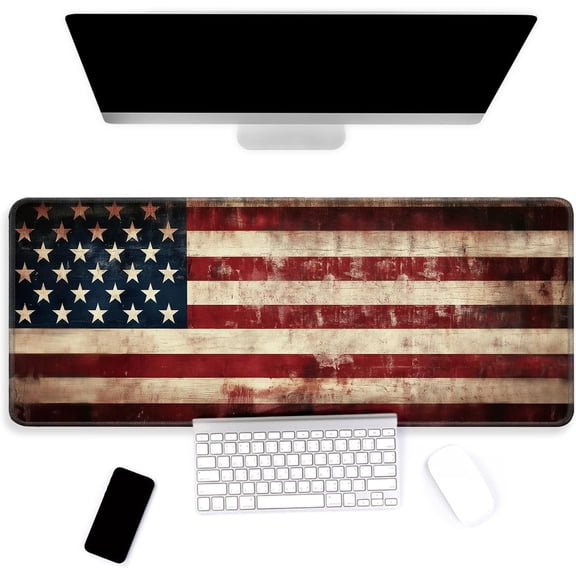 Large Mouse Pad, Big Gaming Mousepad, Desk Mat for Desktop, Thick Non-Slip Waterproof Rubber Base, Mouse Pads for Office, Computer, Keyboard, Laptop 31.5x11.8 in, Retro American Flag