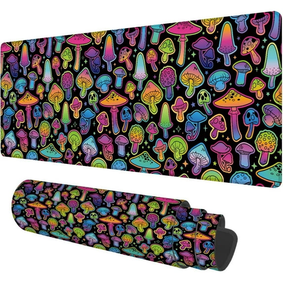 Large Mouse Pad,Colorful Bright Psychedelic Mushrooms Large XL Desk Mat Extended Waterproof Mouse Mat with Stitched Edges and Non-Slip Base for Office Gaming Home 31.5 X 11.8 Inch