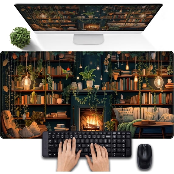 Large Mouse Pad Cozy Library, Extended Full Desk Mouse Mat Gaming Desktop Pad, Computer Keyboard Mat XXL, Vintage Office Decor Desk Laptop Cover Mat Big, Aesthetic Desk Accessories 31.5x15.7 Inch